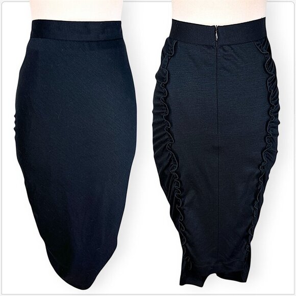 Moschino Cheap and Chic Vintage Black Stretch Knit Ruffle Back Pencil Skirt 8 - Picture 1 of 4